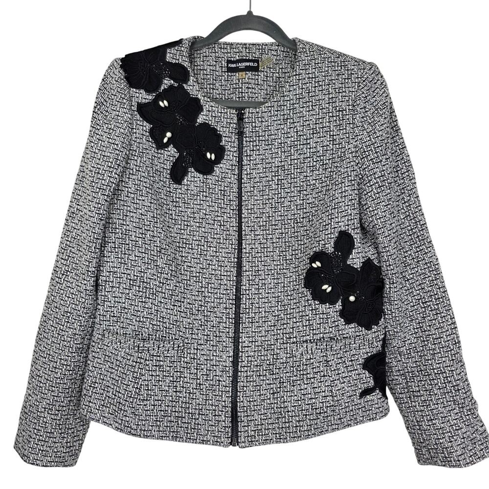 Karl Lagerfeld Paris Tweed Jacket with Contrast Appliques & Pearl Drops, Size 8
